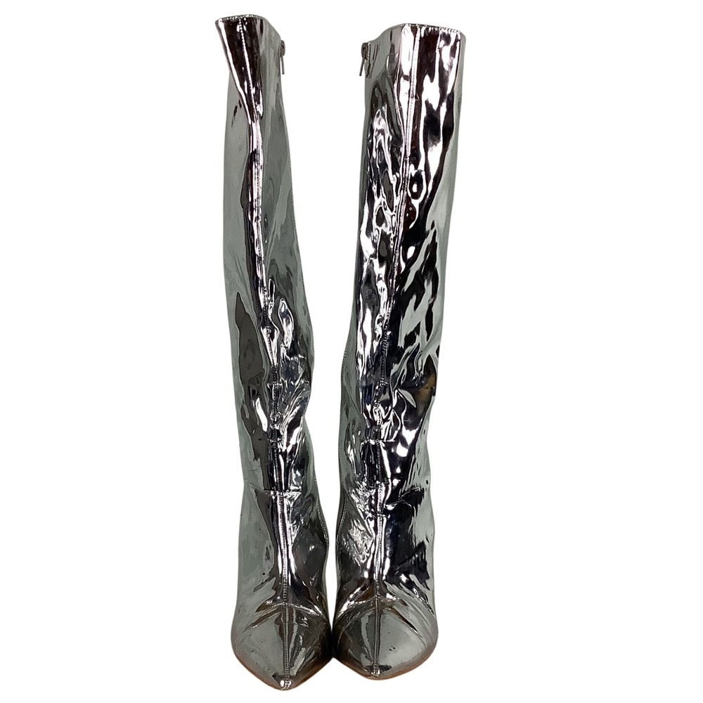 Fashion Nova Venom-201F Metallic Silver Wedge Knee High Boots Pointed Toe Size39